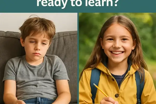 Tired boy with remote versus smiling girl outdoors with notebook, asking who looks ready to learn