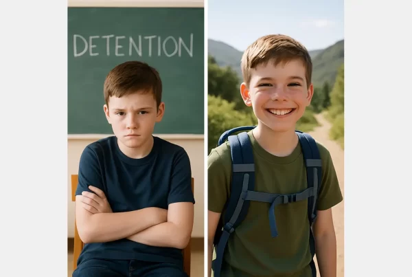 Side-by-side photos of a frustrated boy in a classroom and a smiling boy on a nature trail, shown on a wide horizontal canvas to illustrate how outdoor experiences support emotional well-being