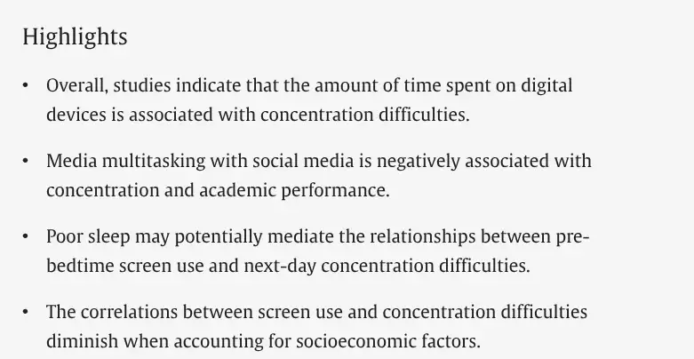 Screenshot of study conclusions about the dangers of too much screen time for kids.