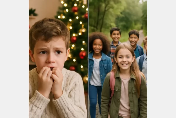 A holiday-anxious child contrasted with a group of smiling kids outdoors on a trail, illustrating how nature-based learning supports emotional regulation