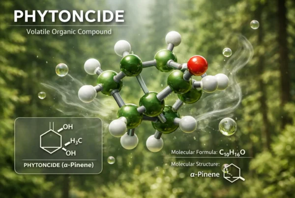 Here you go: [Download the WebP image (under 100KB)](sandbox:/mnt/data/phytoncide_image.webp) **Alt Image Text:** Scientific illustration of a phytoncide molecule (alpha-pinene) with molecular structure overlay, shown in a forest environment to represent airborne plant compounds and their interaction with the human olfactory system.