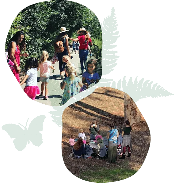 Children and families gathering outdoors during a Nature Scouts Collective homeschool class in North County San Diego.