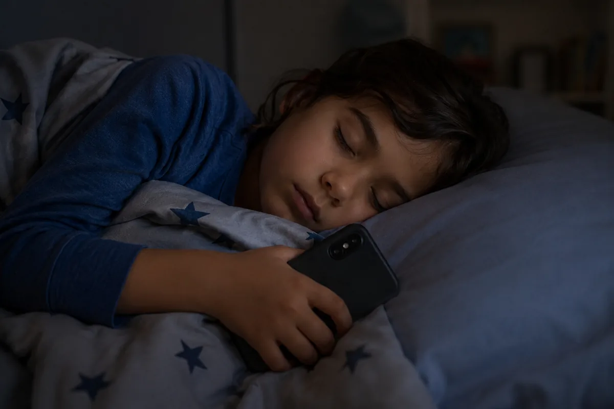 child-sleeping-with-smartphone Child sleeping in bed while clutching a smartphone, illustrating the connection between smartphone use and children’s sleep.