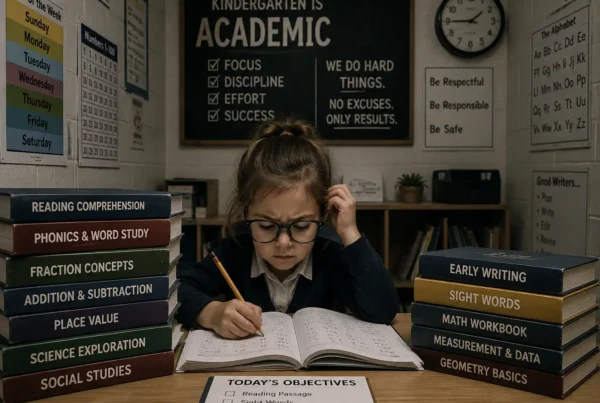 kindergarten-play-based-learning Kindergarten-aged girl wearing glasses works through academic subjects at a classroom desk surrounded by textbooks and schoolwork, illustrating the increasing academic pressure on young children and the decline of play-based learning.