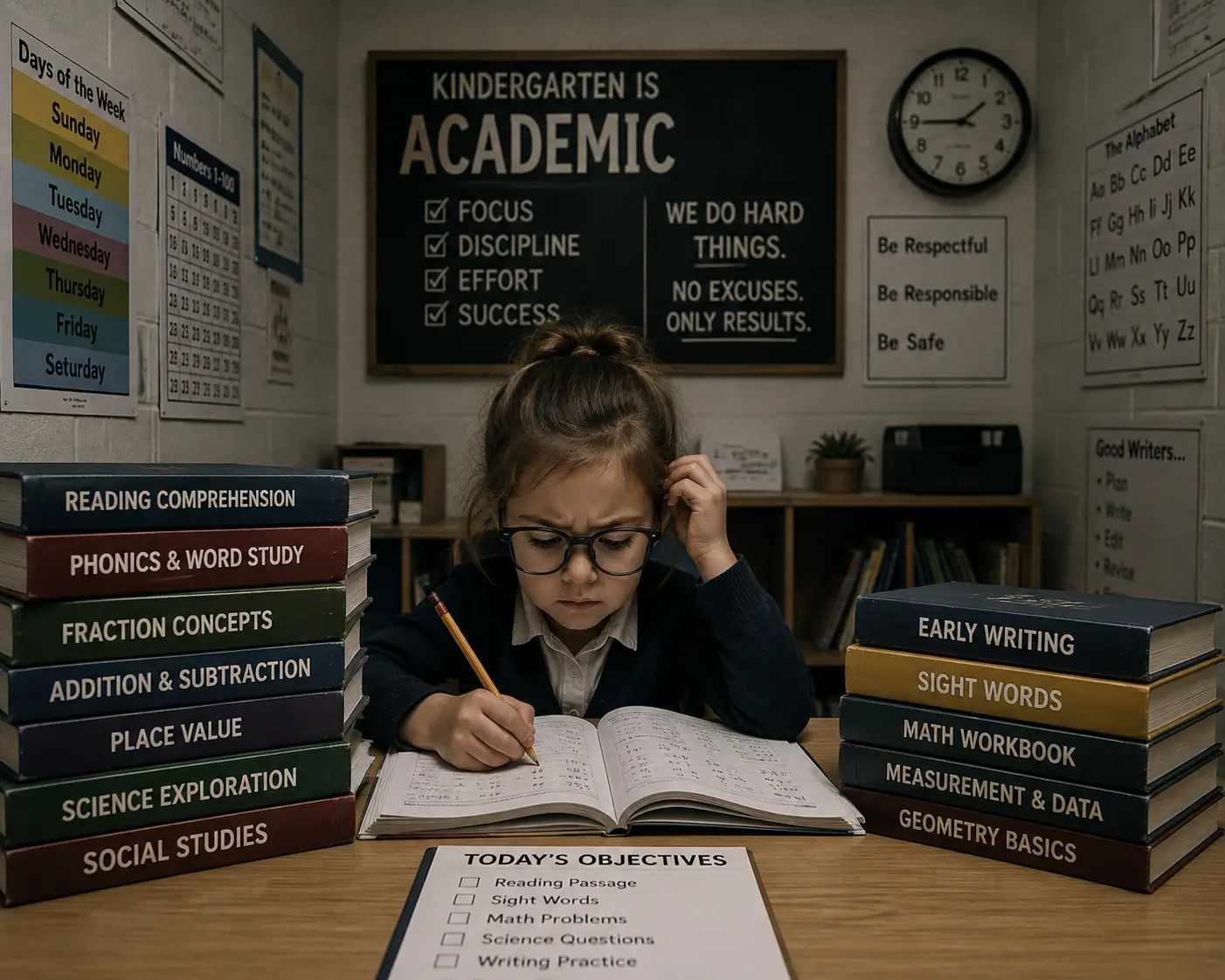 kindergarten-play-based-learning Kindergarten-aged girl wearing glasses works through academic subjects at a classroom desk surrounded by textbooks and schoolwork, illustrating the increasing academic pressure on young children and the decline of play-based learning.
